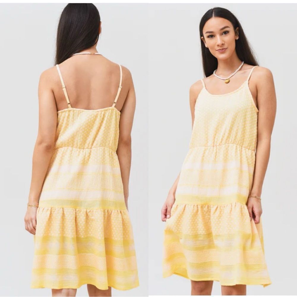 NEW SUMMERY COPENHAGEN Rose Novelty Print Yellow Boho Cotton Tiered Mini Dress M